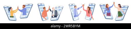 Online friendship. Phone call. Friends clap hands. Digital talk. Virtual hi dialogue. Message in smartphone. People remote communication. High five gesture. Mobile chatting technology. Vector flat set Stock Vector