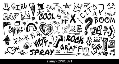 Graffiti spray elements. Art doodle font. Urban brush texture. Hand drawn black lines. Graphic heart or star. Wall painting. Marker lettering. Underground print. Vector grunge design text icons set Stock Vector