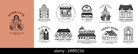 Home logo. Hand drawn home cabin barn and garden design, village in mountain tree, tiny woodland interior, cute cottages with flowers. Cute doodle logotype, real estate label. Vector design icons set Stock Vector