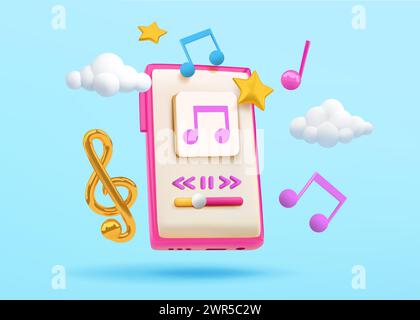 3D phone. Music playlist render in cellphone. Online soundtrack streaming. Play UI button. Song store web app. Smartphone technology. Sound listening. Musical note and clef. Vector realistic icons Stock Vector