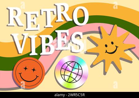 Retro vibes poster. Happy emoticon sticker. Groovy design. Summer sun with smiling face. Emoji labels. Hologram patch. Hippie curve bright stripes. Hipster minimal collage. Vector funky summer banner Stock Vector