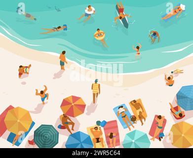 People swim. Summer beach. Persons on vacation. Seashore top view. Sea waves. Surfers in ocean. Woman sunbathing under umbrella. Man swimming with kids. Tourists crowd at seaside. Vector illustration Stock Vector