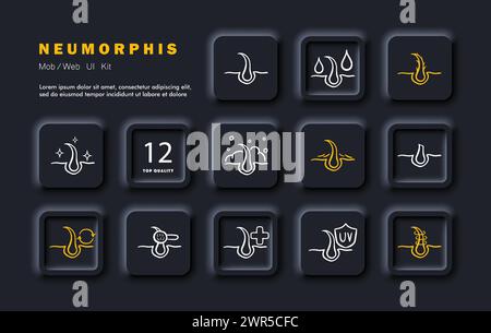Hair after yourself set icon. Hair care, curls, hair follicle, bulb. Protection from moisture, irritation, ultraviolet radiation, sweat. Neomorphism s Stock Vector