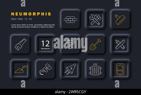 Construction set icon. Brick, saw, hammer, roller, cutter, window, pencil, ruler, builder, cement putty building house repairing Builder concept Neomo Stock Vector