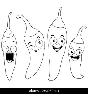 Cartoon hot chili pepper characters. Mexican spicy chili jalapeno peppers. Black and white coloring page Stock Photo