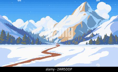 Pixel winter mountain landscape. Spruce forest, path through the snow and falling snowflakes. Vector seamless background Stock Vector
