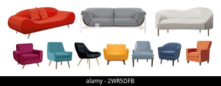 Set of trendy sofas, chairs, armchairs, couches. Stock Vector