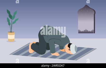 A Muslim man in prostration prayer position on prayer mat. Vector illustration. Stock Vector