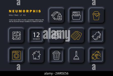 Cleaning set icon. Bucket, dishwasher, abacus, rag, clean dishes, plunger, clean windows, washing machine, clean house, faucet. Cleaning concept home Stock Vector