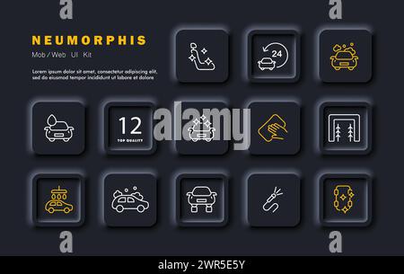 Car wash set icon. Car washing, 24 7 service, cleanliness, car washing, prof. equipment, spraying, drying, checking condition of machine. Concept serv Stock Vector