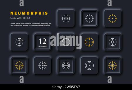 Sight set icon. Sight, hit marker, scope, range marking, crosshair, dot Neomorphism style  Vector icon Stock Vector