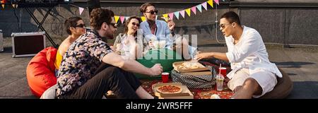 multicultural jolly friends with stylish sunglasses enjoying pizza and drinks at party, banner Stock Photo