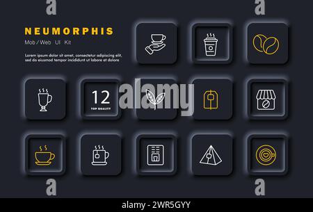 Coffee set icon. Coffee beans, glass and cup of coffee, coffee shop, serve, tea bag, hot drink, menu, mug, foliage, mulled wine. Bistro, cafe concept. Stock Vector