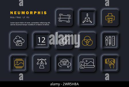 Photos set icon. Printer, brush, pencil, ruler, photo selection, pen, gradient, cropping, storing photos on cloud. Concept of editing and working with Stock Vector
