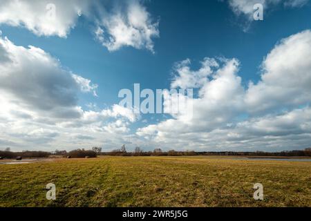 White clouds on blue sky over the meadow, Nowiny, Poland Stock Photo