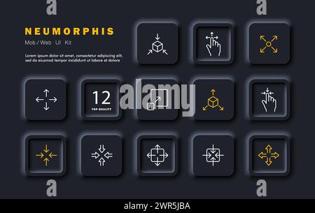 Mouse set icon. Scatter, full screen, focus, move, picture in picture, mouse cursor, simple lines. Concept of gathering and dissolving. Neomorphism st Stock Vector