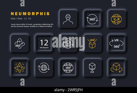 VR set icon. Virtual reality helmet, 360 degrees, full coverage, freedom of movement, VR zone, augmented reality. VR technologies concept. Neomorphism Stock Vector