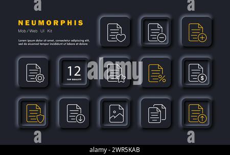 File set icon. Deleting, sending, blocking, reading, searching for files. Photos and finances in files, settings, configuring, download, upload Neomor Stock Vector