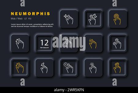 Gestures set icon. The hand clicks, holds, clicks with two fingers, expands, narrows, twirls, scrolls down and up. Gesture control concept. Neomorphis Stock Vector