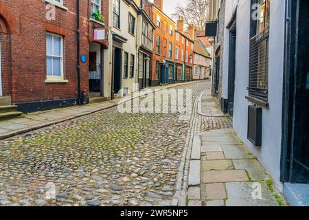 Buildings along Elm Hill a cobbled street in the city of  Norwich, Norfolk, UK Stock Photo