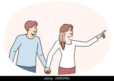 Smiling woman holding man by hand showing something forward. Happy couple holding hands point with finger on empty space aside. Vector illustration. Stock Vector