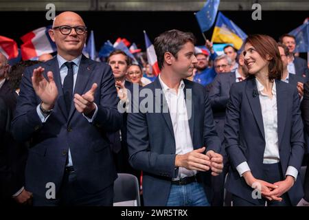 Edouard Philippe and Gabriel Attal with Valerie Hayer during the launch for the Renaissance Europe party of their political campaign for the upcoming European Parliament elections, in Lille, northern France, on March 9, 2024. Photo by Eliot Blondet / ABACAPRESS.COM Stock Photo