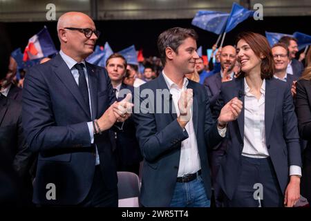 Edouard Philippe and Gabriel Attal with Valerie Hayer during the launch for the Renaissance Europe party of their political campaign for the upcoming European Parliament elections, in Lille, northern France, on March 9, 2024. Photo by Eliot Blondet / ABACAPRESS.COM Stock Photo