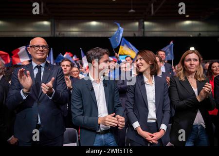 Edouard Philippe and Gabriel Attal with Valerie Hayer during the launch for the Renaissance Europe party of their political campaign for the upcoming European Parliament elections, in Lille, northern France, on March 9, 2024. Photo by Eliot Blondet / ABACAPRESS.COM Stock Photo