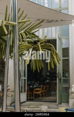 Empty cafe on a street in Vienna, Austria. Selective focus. Travel destination in Austria. Stock Photo