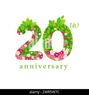 20th annivarsary spring concept. Floral number with green leaves with clipping mask. 20 years old cute logo. Summer or spring sale concept. Up to 20 Stock Vector