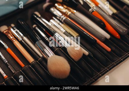 Assorted makeup brushes in a black leather case, accessories for makeup artists Stock Photo