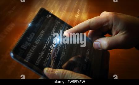 Big Data information analysis business social media on display. Searching on tablet, pad, phone or smartphone screen in hand. Abstract concept of news Stock Photo