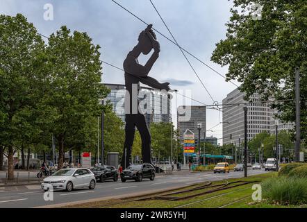 The Hammering Man, Sculpture In Front Of The Messeturm In Frankfurt, Hesse, Germany Stock Photo