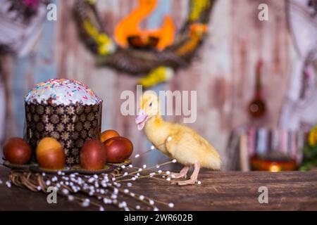 Easter decorated interior with colorfull eggs and ducklings Stock Photo