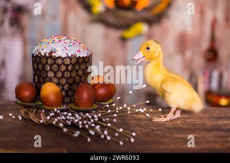 Easter decorated interior with colorfull eggs and ducklings Stock Photo