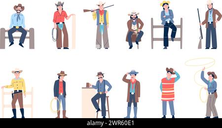 Flat cowboys. Men in cowboy costume in different poses. Wild west characters wear hats and stylish traditional texas outfits, recent vector set Stock Vector