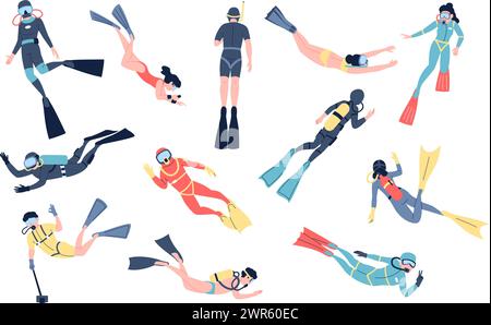 Divers characters. People diving with oxygen balloons and masks. Scuba diver and gear, underwater swimming in sea or ocean recent vector set Stock Vector