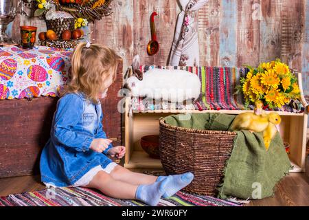 Easter decorated interior with colorfull eggs and ducklings Stock Photo