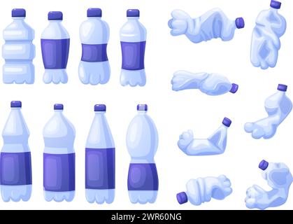 Plastic crumpled bottles. New and used bottle, isolated different containers for water. Plastics trash or garbage, unhygienic nowaday vector elements Stock Vector