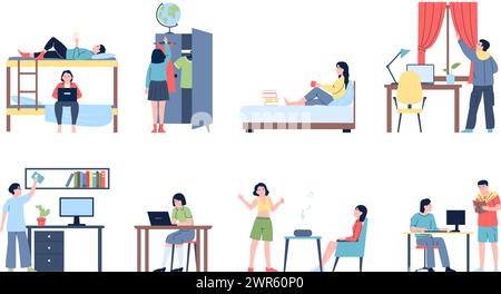 Students in dormitory. College or university student lives with neighbors. Young adults in furnished rooms, hostel or camp, recent vector scenes Stock Vector
