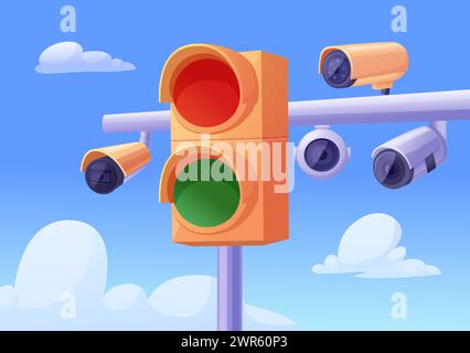 Road security. Enforcement cameras on traffic light. Cctv, police radar on urban modern roans. Monitoring systems, control nowaday vector scene Stock Vector