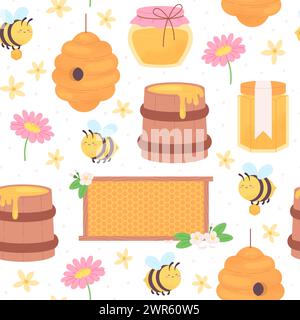 Beekeeping seamless pattern. Sweet honey jar, honeycombs and cute cartoon bee. Flat wooden barrel and flowers, seasonal racy vector background Stock Vector