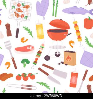 Bbq seamless pattern. Food and grill tools, barbecue equipment. Meat knife, shrimp, vegetables and kebab. Chicken and sauce bottles, racy vector Stock Vector