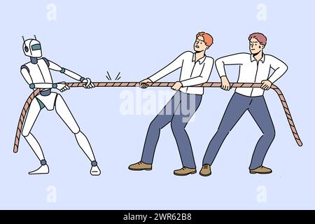 Competition peoples and robot in tug of war, as metaphor for struggle for job. Strong robot demonstrates superiority over office employees are unable to defeat technology and innovation in business. Stock Vector