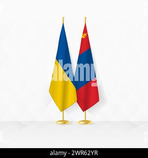 Ukraine and Mongolia flags on flag stand, illustration for diplomacy and other meeting between Ukraine and Mongolia. Vector illustration. Stock Vector