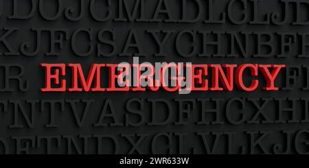 Emergency Emergency. Dark letters and the text emergency in red. First care, helping hand, hospital, accident, first aid. 3D illustration text var 002 Stock Photo