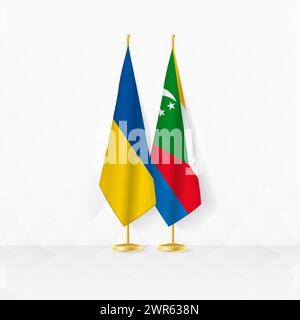 Ukraine and Comoros flags on flag stand, illustration for diplomacy and other meeting between Ukraine and Comoros. Vector illustration. Stock Vector