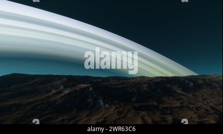 Planet massive rings seen from rugged mountainous surface, casting ...