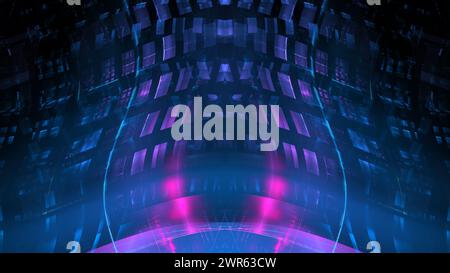 Futuristic digital abstract tunnel with blue and purple neon lights and geometric patterns. 3d render Stock Photo