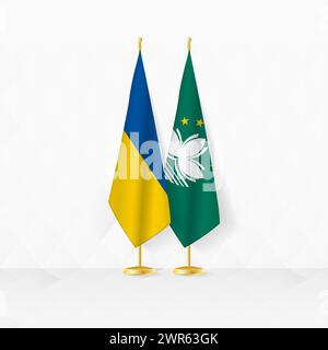 Ukraine and Macau flags on flag stand, illustration for diplomacy and other meeting between Ukraine and Macau. Vector illustration. Stock Vector